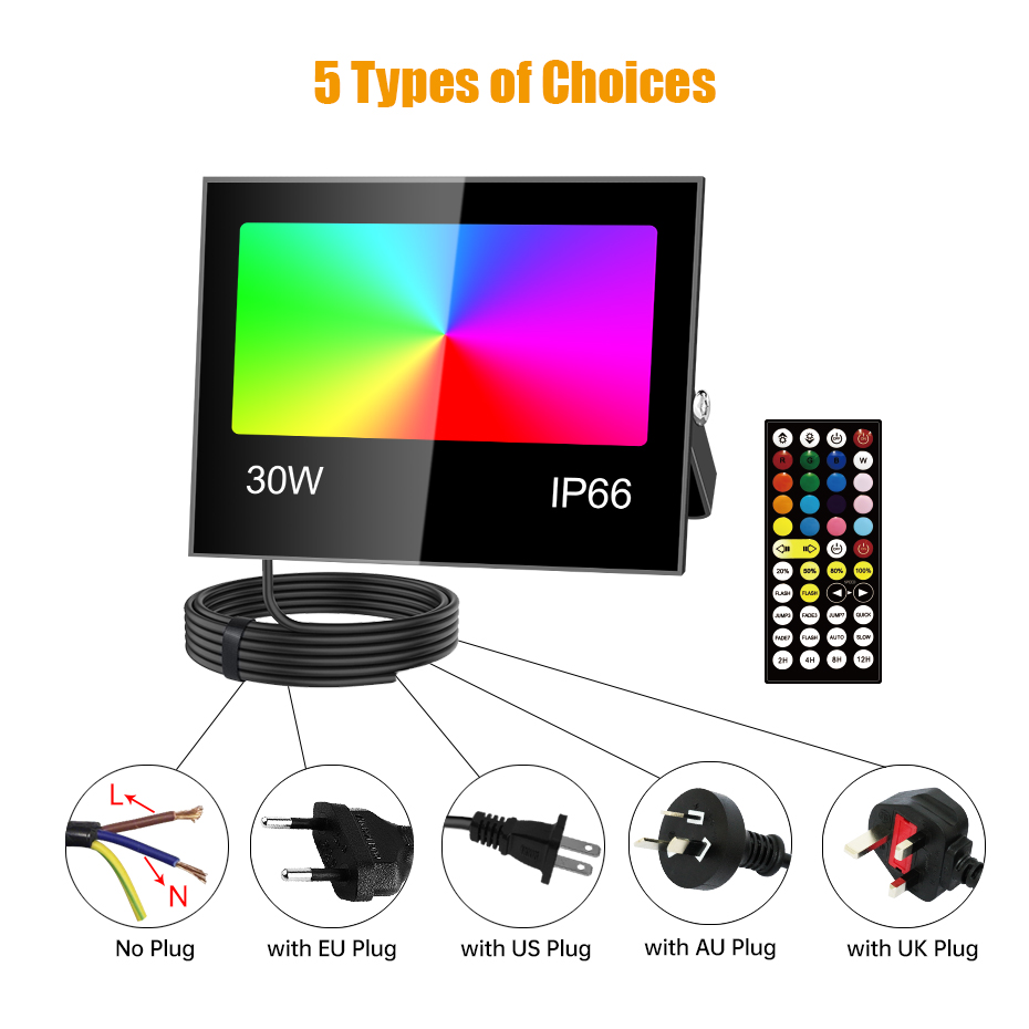 AC85-265V RGB LED ฟลัดไลท์ 80W - Outdoor Lighting Uk บทวิจารณ์และราคา